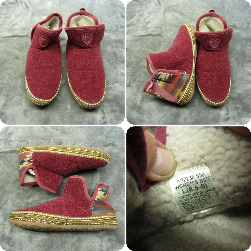 Ariat Women Wool Slippers 8.5-9 Maroon Aztec Southwestern Faux Fur Lined Slip-On